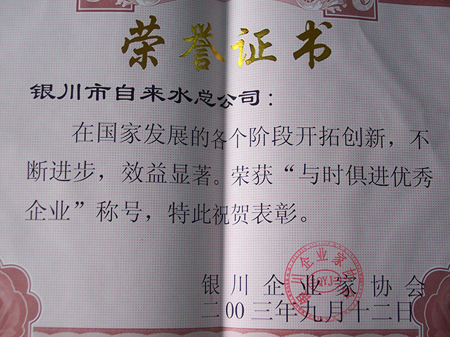 2003年銀川企業家協會“與時俱進優秀企業”稱號